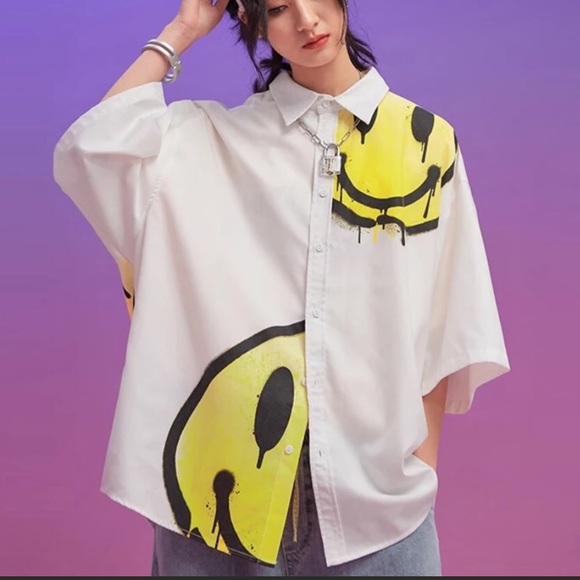 Tshirt smiley face men’s gray top loose collar button shirt top - Picture 4 of 5